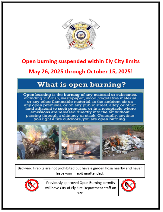 open burning suspended in the Ely City limits 2025
