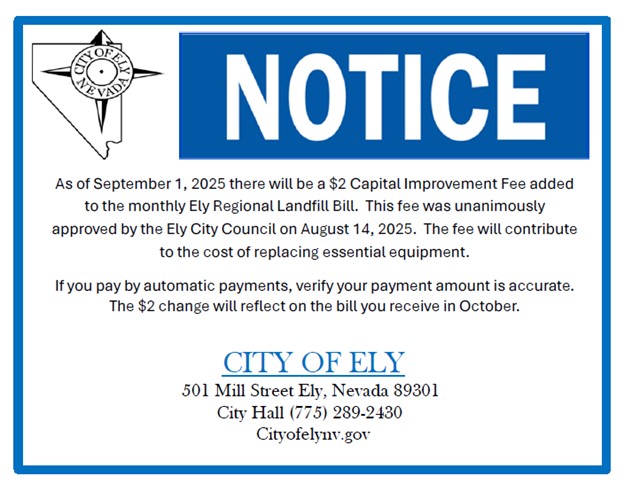 Notice:Capital Improvement Fee Added to City of Ely Bills