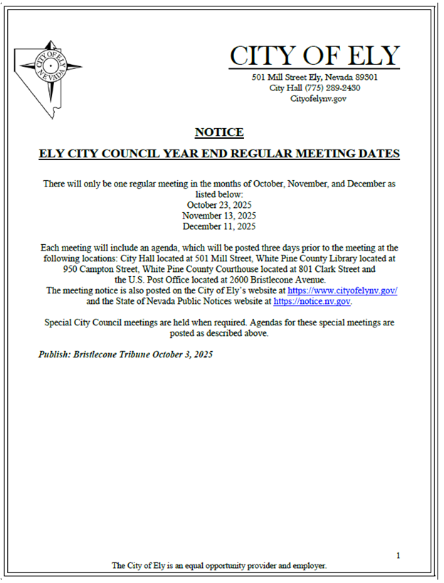 2025 Ely City Council year end regular meeting dates
