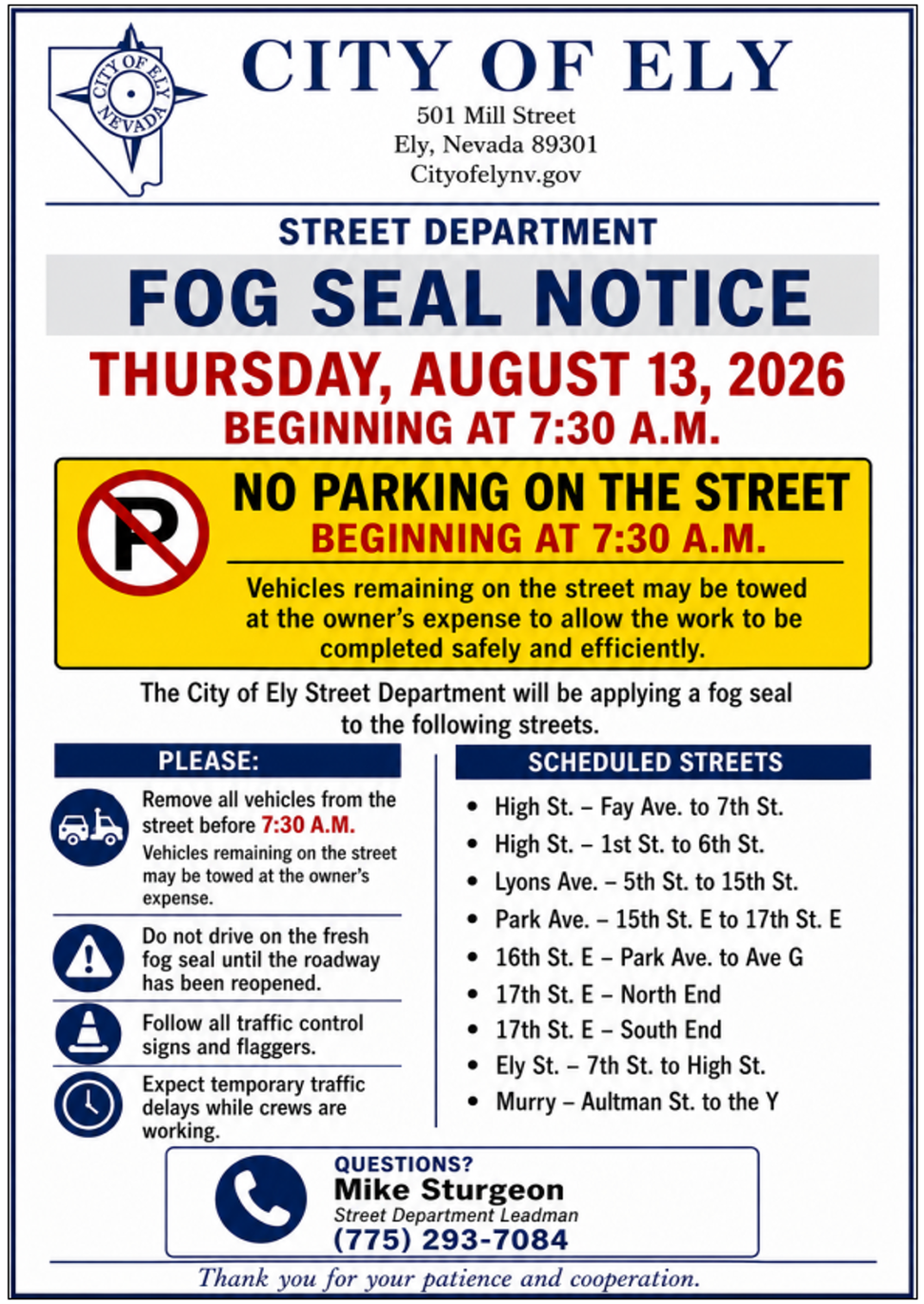 Fog Seal Notice Ely Nevada for 8-13-26
