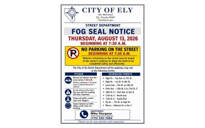 City of Ely to do fog sealing August 13, 2026