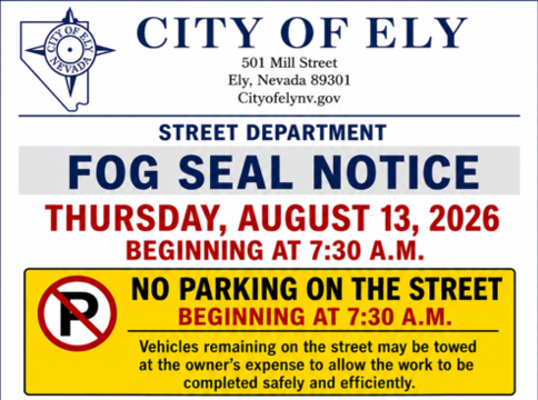 City of Ely to do fog sealing August 13, 2026