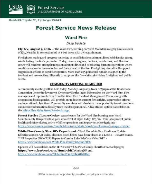 Forest Service updates on Ward Fire